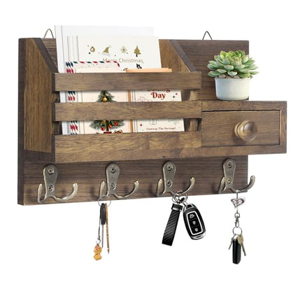 Key Holder Wall Mount, Wooden Key and Mail Organizer, Brown - color: Brown