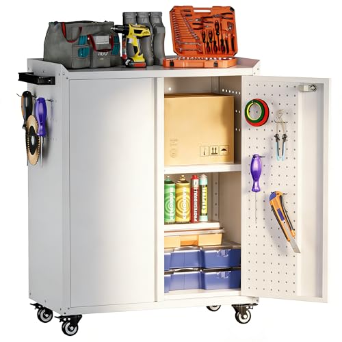Aobabo Metal Garage Storage Cabinet on Wheels,2 Doors Storage Cabinet with Wheels for Garage,Assembly Required,White - color: White, size: 13.8"D x 26"W x 31.5"H-0 Drawers
