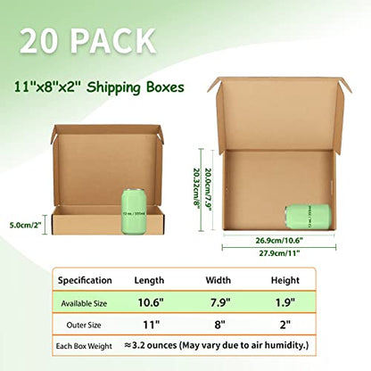11x8x2 Cardboard Shipping Boxes Set of 20, Brown - size: 11" x 8" x 2"