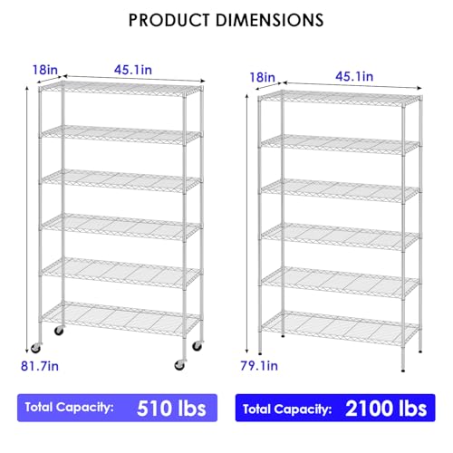 FDW | 6-Tier Wire Shelf with Wheels | 45" x 18" x 82" | Chrome - color: Chrome, size: 45×18×82