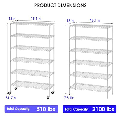 FDW | 6-Tier Wire Shelf with Wheels | 45" x 18" x 82" | Chrome - color: Chrome, size: 45×18×82