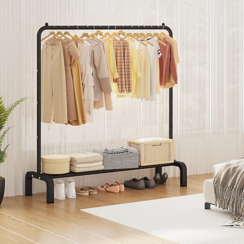 JIUYOTREE Metal Clothing Rack, 43.3 Inches Garment Rack with Bottom Shelf for Hanging Clothes, Coats, Skirts, Shirts, Sweaters, Black (Pack of 2) - color: Black, size: 43.3"W x 15.75"D x 61"H without wheels (Pack of 2)