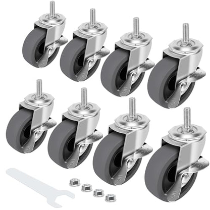 Caster Wheels, 3" Locking Swivel Threaded Stem Casters Set with Brake of 8 - color: Grey, size: Grey-8pack