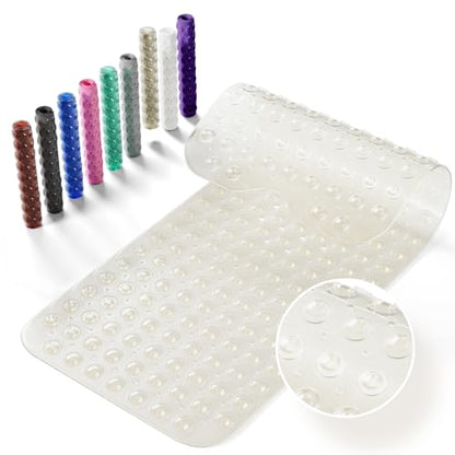 Non-Slip Bath Tub Mat, 39x16 Inch Extra Large Shower Mat with Drain Holes & Suction Cups, Machine Washable, Clear - color: Clear Beige