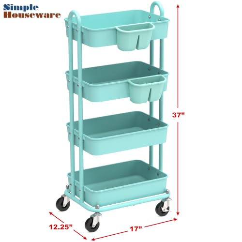 Simple Houseware 4-Tier Rolling Utility Cart with Hanging Bucket, Turquoise - color: Turqoise, size: 4-Tier