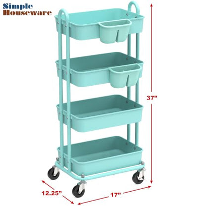 Simple Houseware 4-Tier Rolling Utility Cart with Hanging Bucket, Turquoise - color: Turqoise, size: 4-Tier