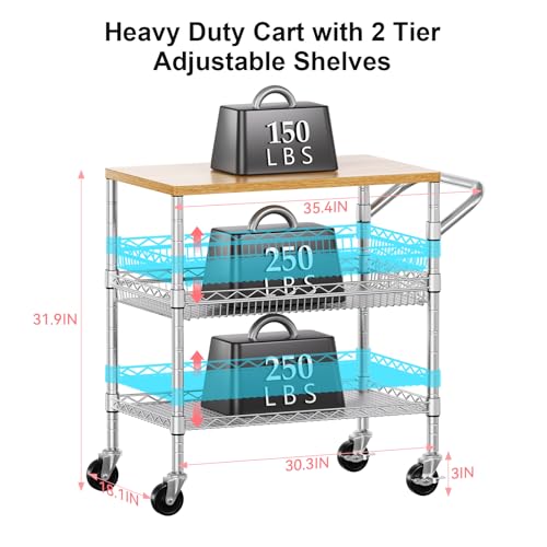 WDT 3 Tier Rolling Kitchen Carts with Wheels, Heavy Duty Rolling Utility Cart with Wood Tabletop, Commercial Grade Metal Cart with Handle and Hooks, NSF Storage Serving Island Carts, Light Wood+Metal - color: Light Wood+metal-3 Tier