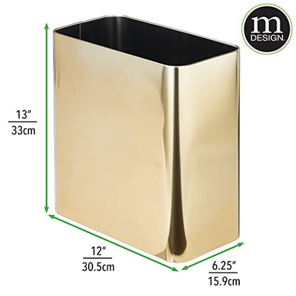 mDesign Stainless Steel Slim Rectangular Modern Metal 2.6 Gallon/10 Liter Trash Can Wastebasket, Garbage Container Bin for Bathroom, Bedroom, Kitchen, Home Office; Holds Waste, Recycling - Soft Brass - color: Soft Brass