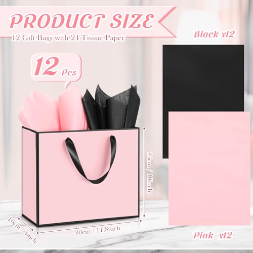 ReliThick 12 Pack Paper Gift Bag with Handles & Tissue, Pink, Black - color: Pink, Black
