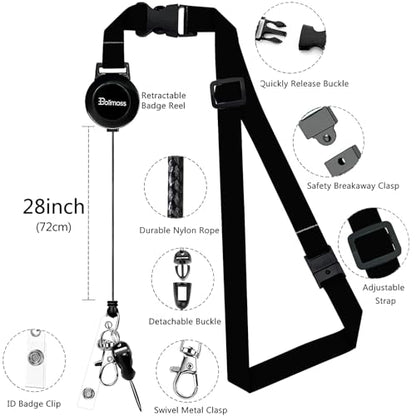 bolimoss Black Leather Badge Holder with Retractable Reel, Quick Release Buckle and Safety Adjustable Breakaway Lanyards with Swivel Metal Clasp Lanyard for Teacher Students Offices Staff Nurse - color: Black