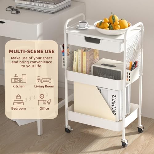 3 Tier Rolling Cart with Drawer, Metal Rolling Utility Cart on Wheels with Pegboard, Art Cart Storage Organizer with Tabletop for Living Room, Office, Bedroom (White) - color: White