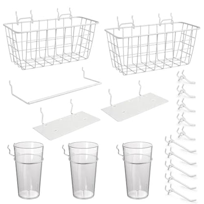Pegboard Organizer Accessories, 18 Pack Baskets Cups Hooks (White+Clear) - color: White+Clear