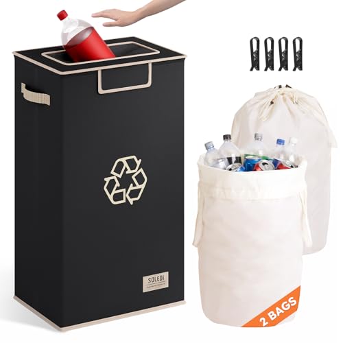 SOLEDI Recycle Bins for Kitchen,26 Gallon Recycling Bin with Lid and 2 Removeable Reusable Inner Bags,Indoor Recycling Trash Can for Collector of Bottles Cans, and Plastic,Black