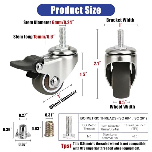 4 Pack 1 Inch Caster Wheels with Threaded Stem, Metric M6*15mm Stem Swivel Casters with Brakes, Non-Marks Rubber Rollers Small Screw Wheels for Furniture, Carts, Desks, Wire Shelving - style: 1 Inch