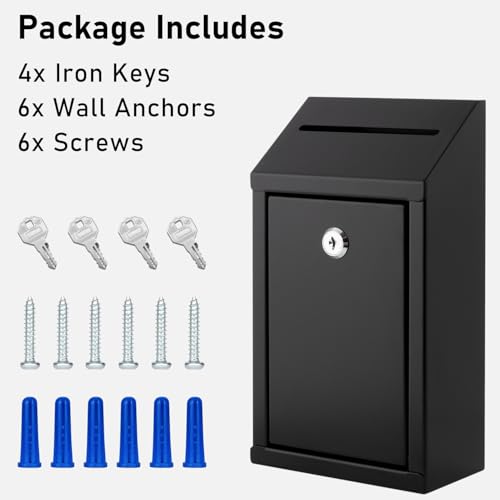 EIENHOSHI Metal Donation Box with Lock, Wall Mounted, Suggestion Box with 4 Iron Keys, Black, Cash Drop Box with Slot, 1-Pack - color: Black