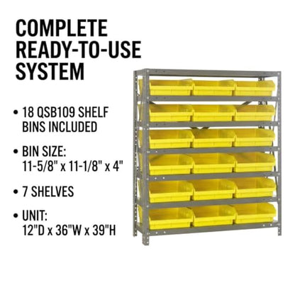 Quantum Storage 1239-109 Steel Shelf Bin Organizer System, 18 4"H Hopper-Front Bins, 7-Shelf Unit, 400 lb Per Shelf, for Warehouse, Shop, Garage & Stockroom, 12"D x 36"W x 39"H, Yellow - size: 39" H x 36" W x 12" D, style: 12" L x 12" W x 4" H 18 Economy