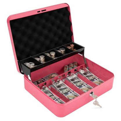 Cash Box with Key Lock & Foam Auto-Pop Coin Tray – Secure Steel Money Box with 4 Upgraded Finger-Safe Bill Clips, Premium Smooth Scratch-Resistant Coating, 11.8"L x 9.5"W x 3.5"H, KL Hot Pink - color: KL Hot Pink