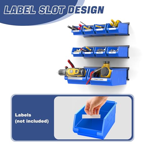 WALMANN Wall Mounted Storage Bins for Small Parts, 10 Bins with 3 Rails - color: Blue