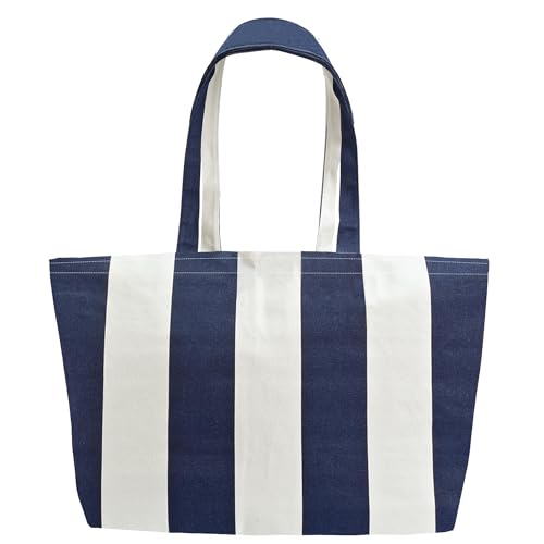 Large Canvas Tote Bag Reusable Extra Big Grocery Bags - color: Blue White Stripe