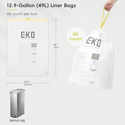 EKO 12.9 Gallon / 45-49 Liter, 60 Count Drawstring Trash Bags, Extra-Strong Unscented Garbage Bags, Easy-Dispense Roll for Kitchen & Household Use, Resists Tears, Leaks and Punctures, Code J, White - size: 60 Count (Pack of 1), style: 12.9 Gallon Bags/Cod