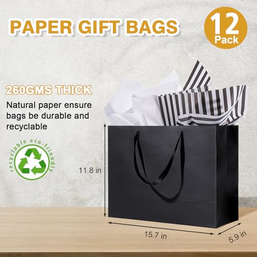 Plauthus 15.7" Black Gift Bags, 12-Pack with Tissue Paper and Ribbon - color: black-12-XL
