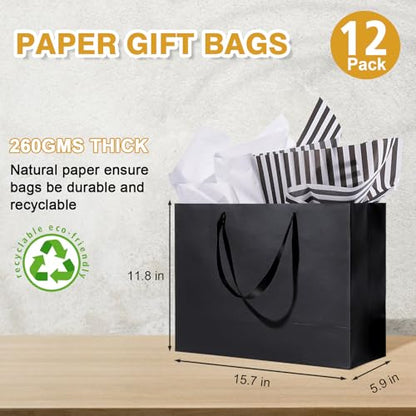 Plauthus 15.7" Black Gift Bags, 12-Pack with Tissue Paper and Ribbon - color: black-12-XL