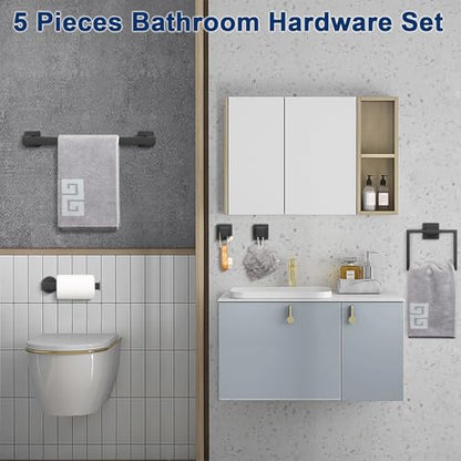 NearMoon 5 Pieces Bathroom Hardware Set 304 Stainless Steel - Square Towel Rack Set Include 16" Towel Rod + Towel Ring + Toilet Paper Holder + 2 Robe Towel Hooks Bathroom Accessories (Matte Black) - color: Matte Black, size: 16 inch