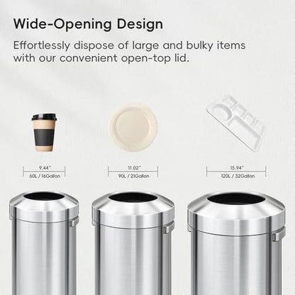 EKO 32-Gallon Round Stainless Steel Open Top Trash Can, Large Commercial Waste Bin with Detachable Lid and Carrying Handle, Brushed Metal Garbage Bin for Home, Office, Restaurant, Restroom - color: Stainless Steel, size: 120 Liter, Round