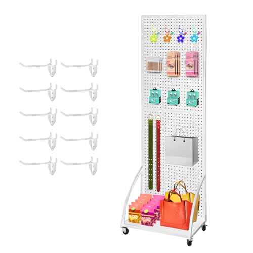 NectaCol 2'x 6' Metal Pegboard Display Stand with a Plate, Peg Board Panels, Standing Pegboard Display, Craft Fair Display Rack, Art Display Stand, Extra 10 pieces Hooks - White - color: 1 Pack White