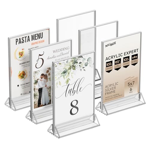 NIUBEE 5x7 Acrylic Sign Holder, Picture Frame, Wedding Table Numbers, 6pack - size: 5x7 6Pack