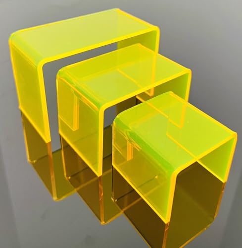 Acrylic Display Risers – 3‑Piece Small Riser Set (5×2×3, 6×2×3.5, 7×2×4) – Clear 1/8" Acrylic Stands for Jewelry, Mini Collectibles, Retail Displays, Craft Shows (Neon Yellow) - color: Neon Yellow