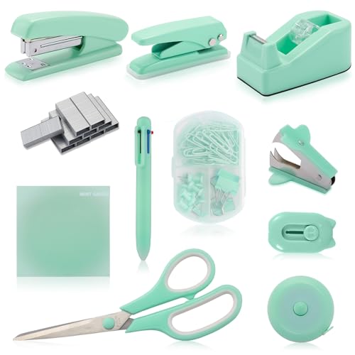 Green Desk Accessory Kit Cute Office Supplies Set Desktop Stapler Set Includes Staple Remover Hole Punch Tape Dispenser Ballpoint Pen Scissor Mini Box Cutter Tape Measure Paper Clips Sticky Notes - color: Green