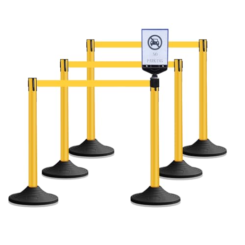 10 ft Crowd Control Stanchion Set, Yellow Crowd Control Barrier with Retractable Belts & Rubber Base, Queue Management Stanchion (6 Pack) - size: Rubber Base-6 Pack