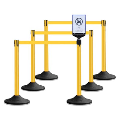 10 ft Crowd Control Stanchion Set, Yellow Crowd Control Barrier with Retractable Belts & Rubber Base, Queue Management Stanchion (6 Pack) - size: Rubber Base-6 Pack