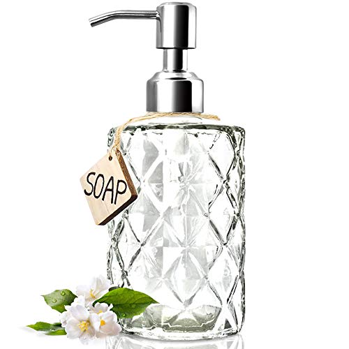 JASAI Diamond Design 12 Oz Glass Soap Dispenser with Rust Proof Pump - color: Clearglass-silver Pump, style: Diamond