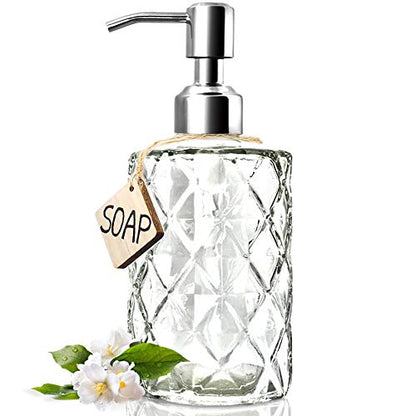 JASAI Diamond Design 12 Oz Glass Soap Dispenser with Rust Proof Pump - color: Clearglass-silver Pump, style: Diamond