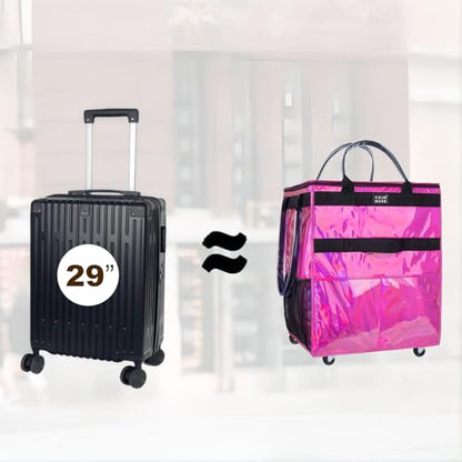 Reusable Grocery Bag with Wheels, Large Glitter Pink Rolling Tote - color: Glitter Pink, size: Large