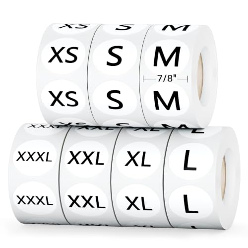 3500 PCS 7/8" Round Clothing Size Labels for Retail, 7 Sizes - color: Black on White