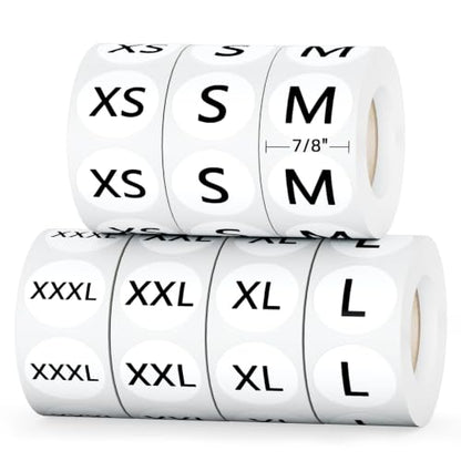 3500 PCS 7/8" Round Clothing Size Labels for Retail, 7 Sizes - color: Black on White