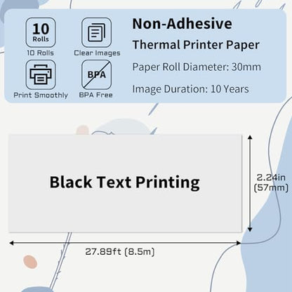 57x30mm Thermal Paper White 10 Rolls, Non-Adhesive Thermal Paper Roll for Mini Printer Instant Camera Printer Refill