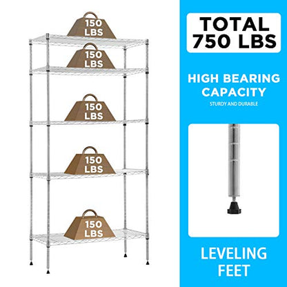 FDW | 5-Tier Wire Shelf with Wheels | 30" x 14" x 60" | Chrome - color: Chrome, size: 30×14×60