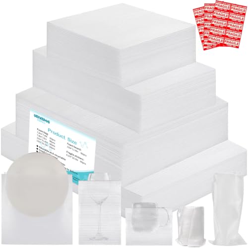 Thickened Packaging Foam Pouches and Sheets in 4 Sizes, 320 PCS with 60 Fragile Stickers, Dish Packing Supplies for Moving, Cushioning Foam Wrap for Moving Supplies