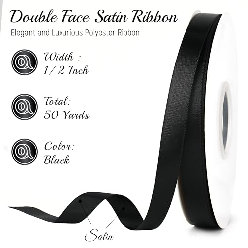 MAYREEL Black Satin Ribbon 1/2 Inch Double Faced 50 Yards Thin - color: Black, size: 1/2 Inch