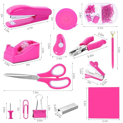 Hot Pink Desk Accessory Kit Cute Office Supplies Set Desktop Stapler Set Includes Staple Remover Hole Punch Tape Dispenser Ballpoint Pen Scissor Mini Box Cutter Tape Measure Paper Clips Sticky Notes - color: Hot Pink