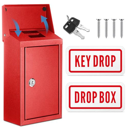 Yaocom Metal Key Drop Box with Lock, 2 Keys for Cash Donation Secure, Red - color: Red
