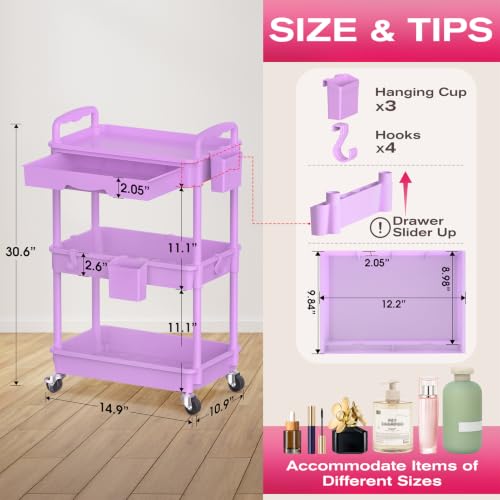 Goovilla Rolling Makeup Organizer Cart with Removable Drawer, 3 Tier Purple - color: Purple, size: 3 Tier