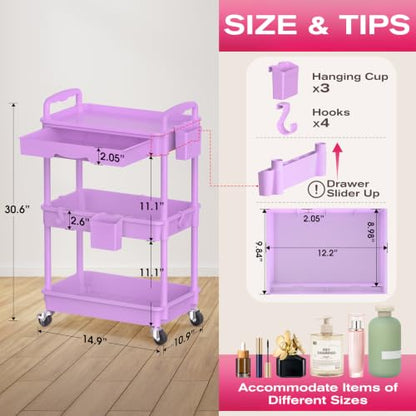Goovilla Rolling Makeup Organizer Cart with Removable Drawer, 3 Tier Purple - color: Purple, size: 3 Tier