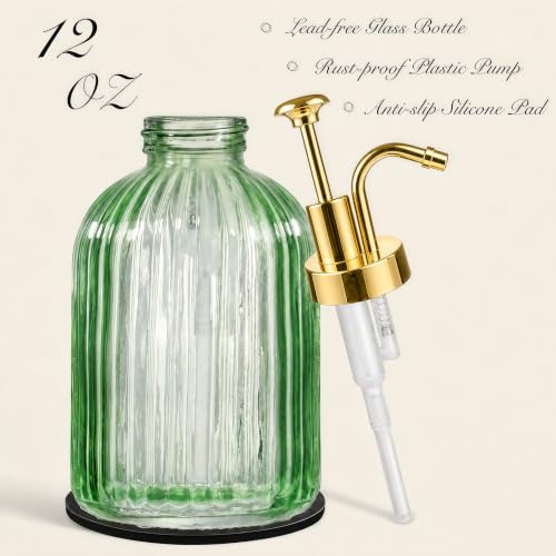 SheeChung 12oz Green Glass Liquid Soap Dispenser, Gold Pump, Striped,2 Pack - color: Green, Gold Pump, 2pcs