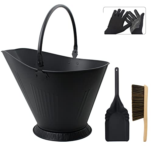 Poofzy Ash Bucket for Fireplace, 3.2 Gallon Metal Fireplace Ash Bucket for Wood Stove, Includes Shovel, Broom and Gloves Indoor & Outdoor - size: 3.2 Gallon (Black)