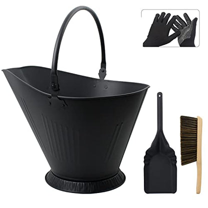 Poofzy Ash Bucket for Fireplace, 3.2 Gallon Metal Fireplace Ash Bucket for Wood Stove, Includes Shovel, Broom and Gloves Indoor & Outdoor - size: 3.2 Gallon (Black)